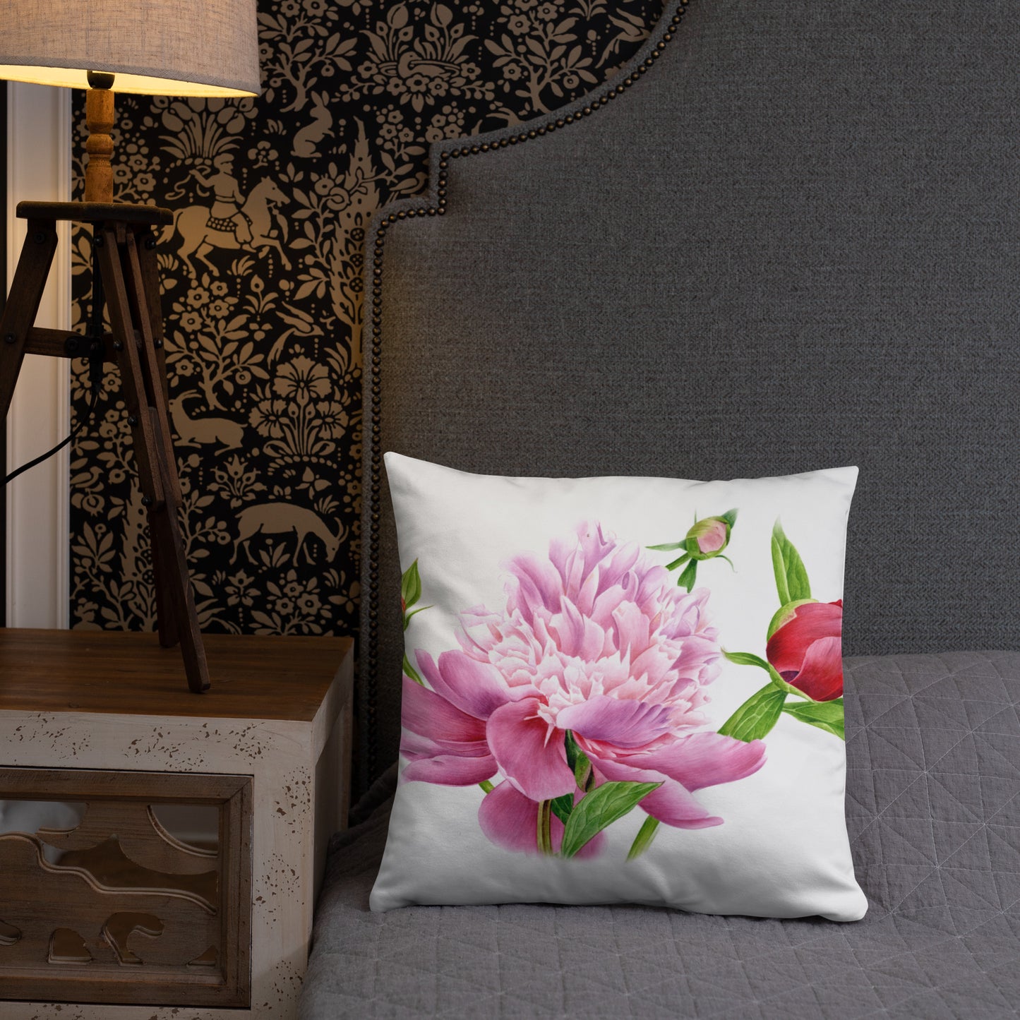 Almohada de Peonía en Acuarela - Cojín Floral Botánico, Decoración con Peonías Rosadas