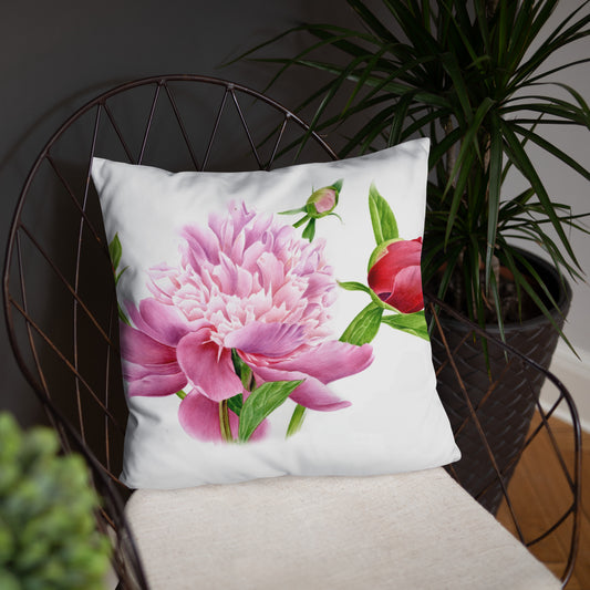 Almohada de Peonía en Acuarela - Cojín Floral Botánico, Decoración con Peonías Rosadas