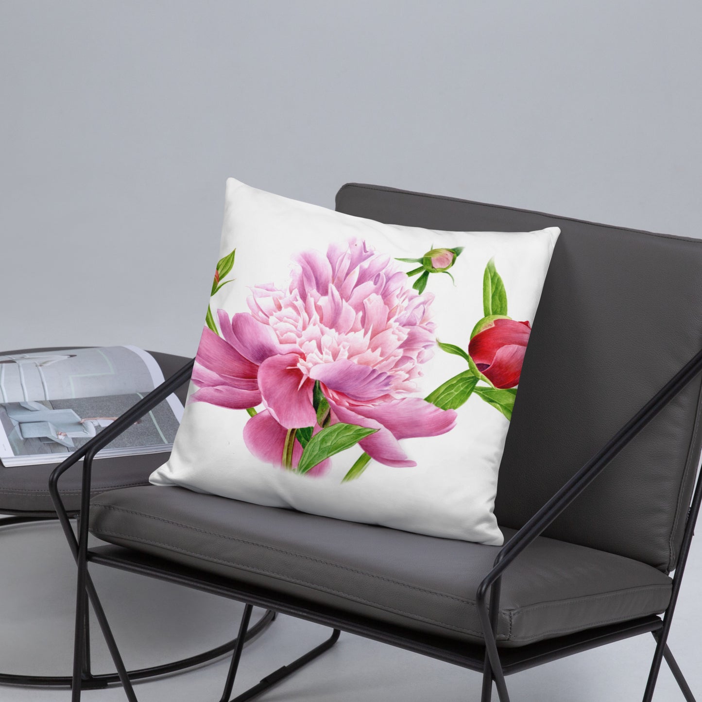 Almohada de Peonía en Acuarela - Cojín Floral Botánico, Decoración con Peonías Rosadas