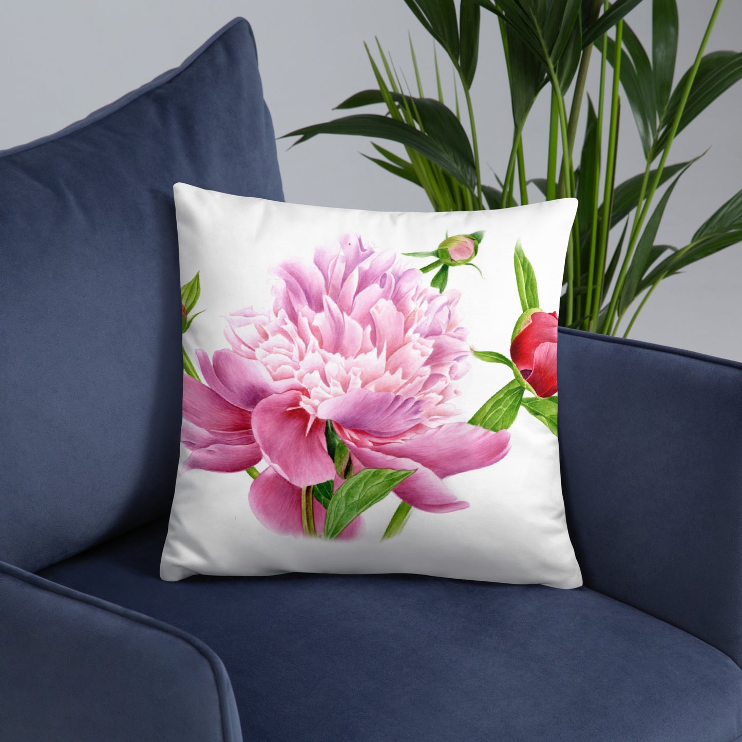 Almohada de Peonía en Acuarela - Cojín Floral Botánico, Decoración con Peonías Rosadas