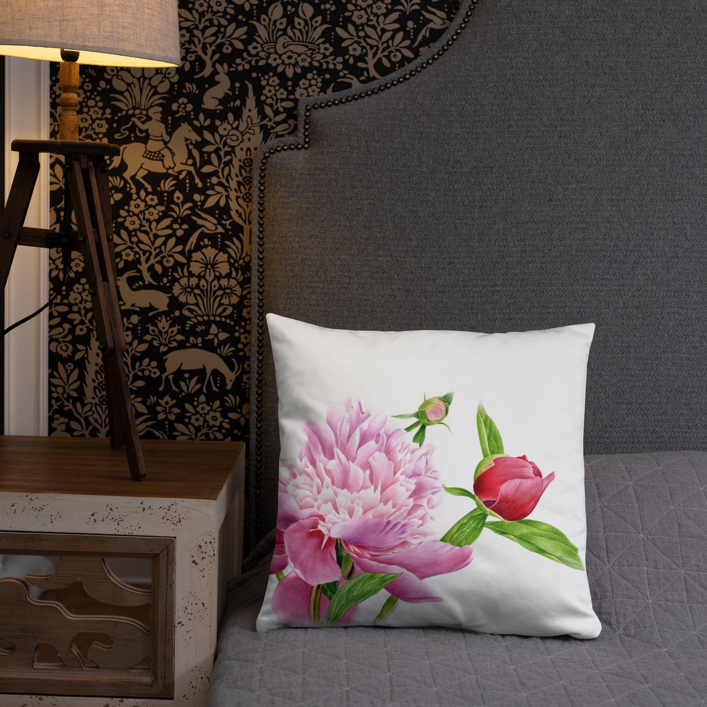 Almohada de Peonía en Acuarela - Cojín Floral Botánico, Decoración con Peonías Rosadas