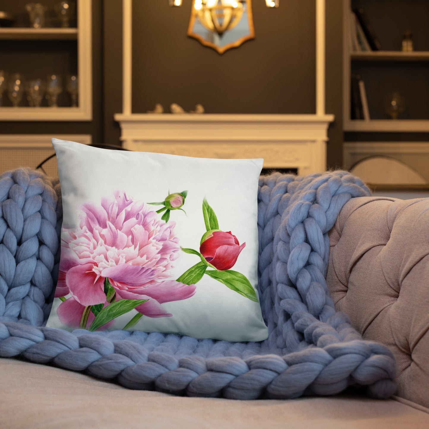 Almohada de Peonía en Acuarela - Cojín Floral Botánico, Decoración con Peonías Rosadas