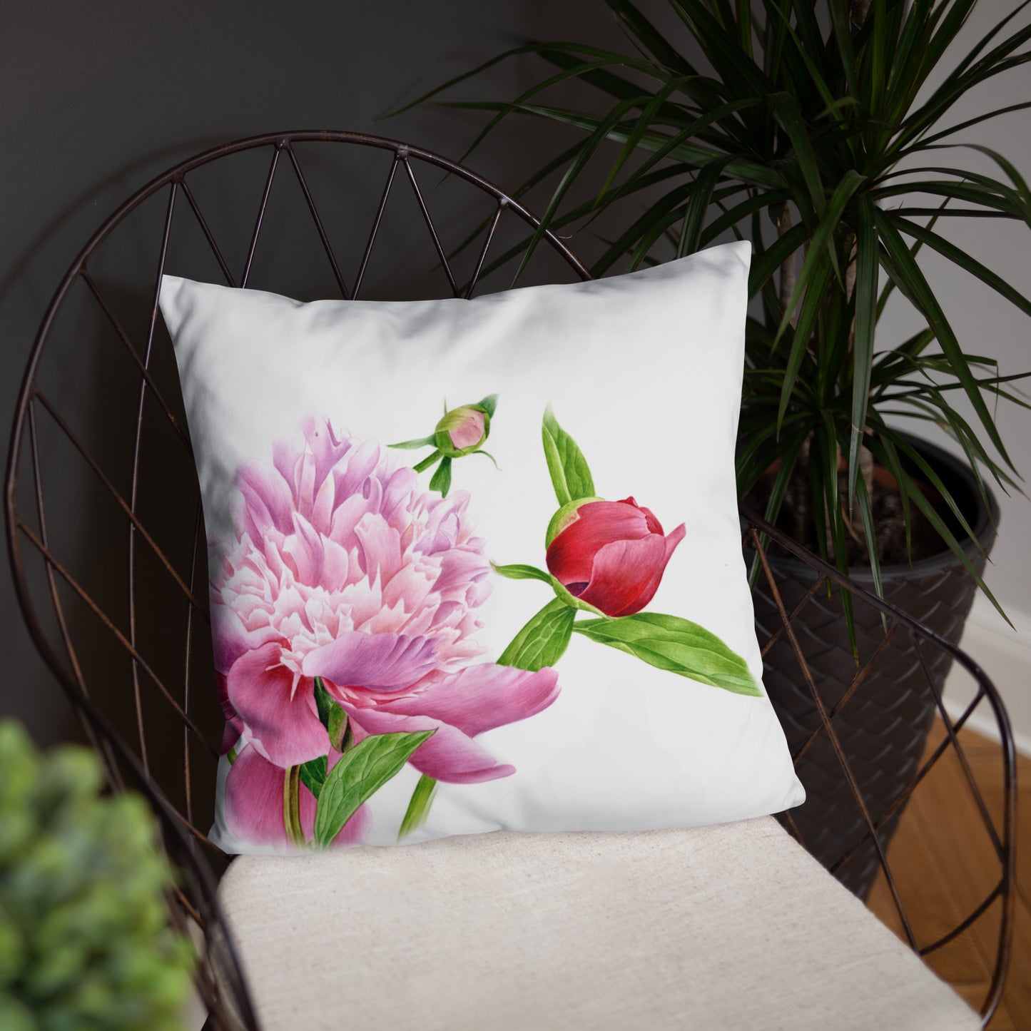 Almohada de Peonía en Acuarela - Cojín Floral Botánico, Decoración con Peonías Rosadas