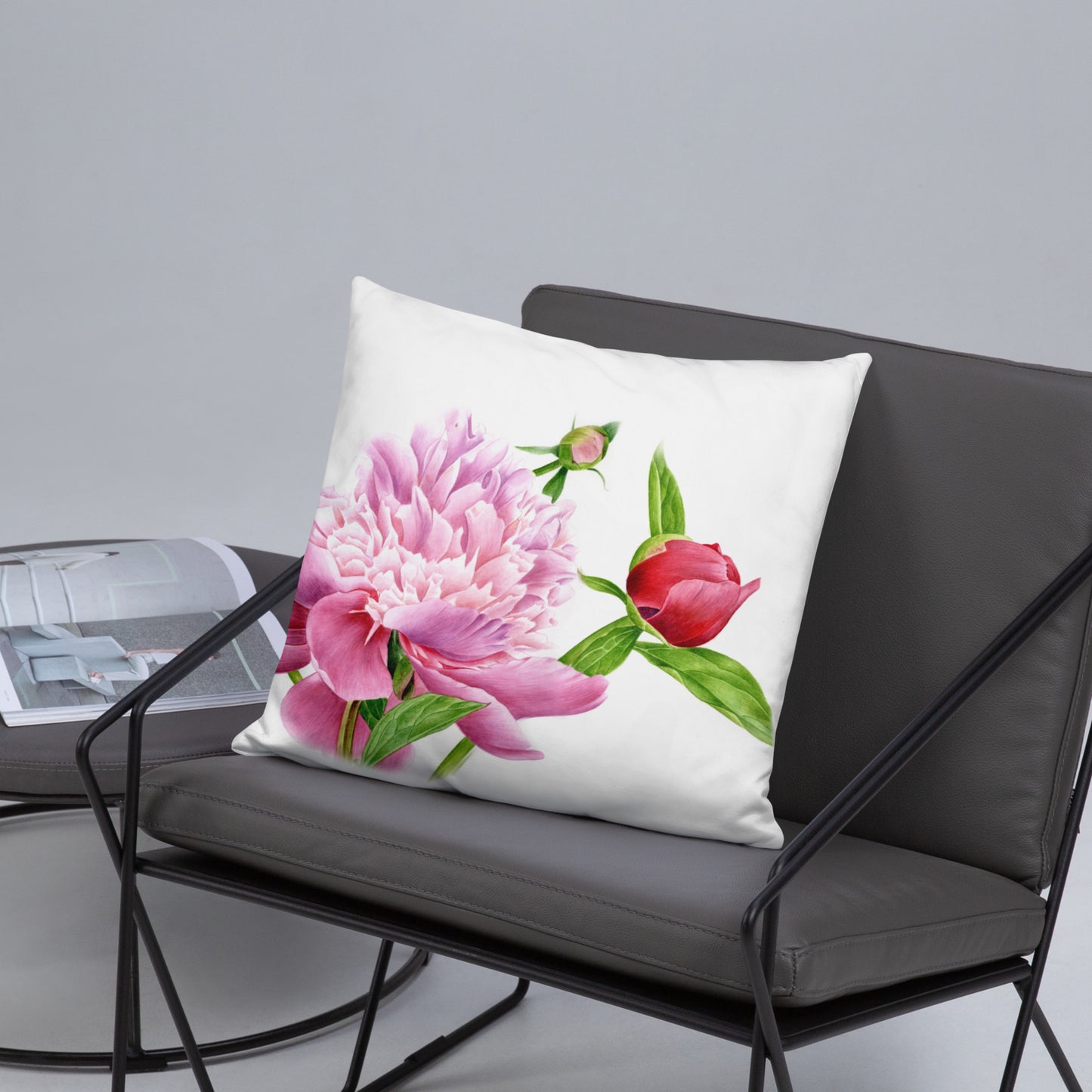 Almohada de Peonía en Acuarela - Cojín Floral Botánico, Decoración con Peonías Rosadas