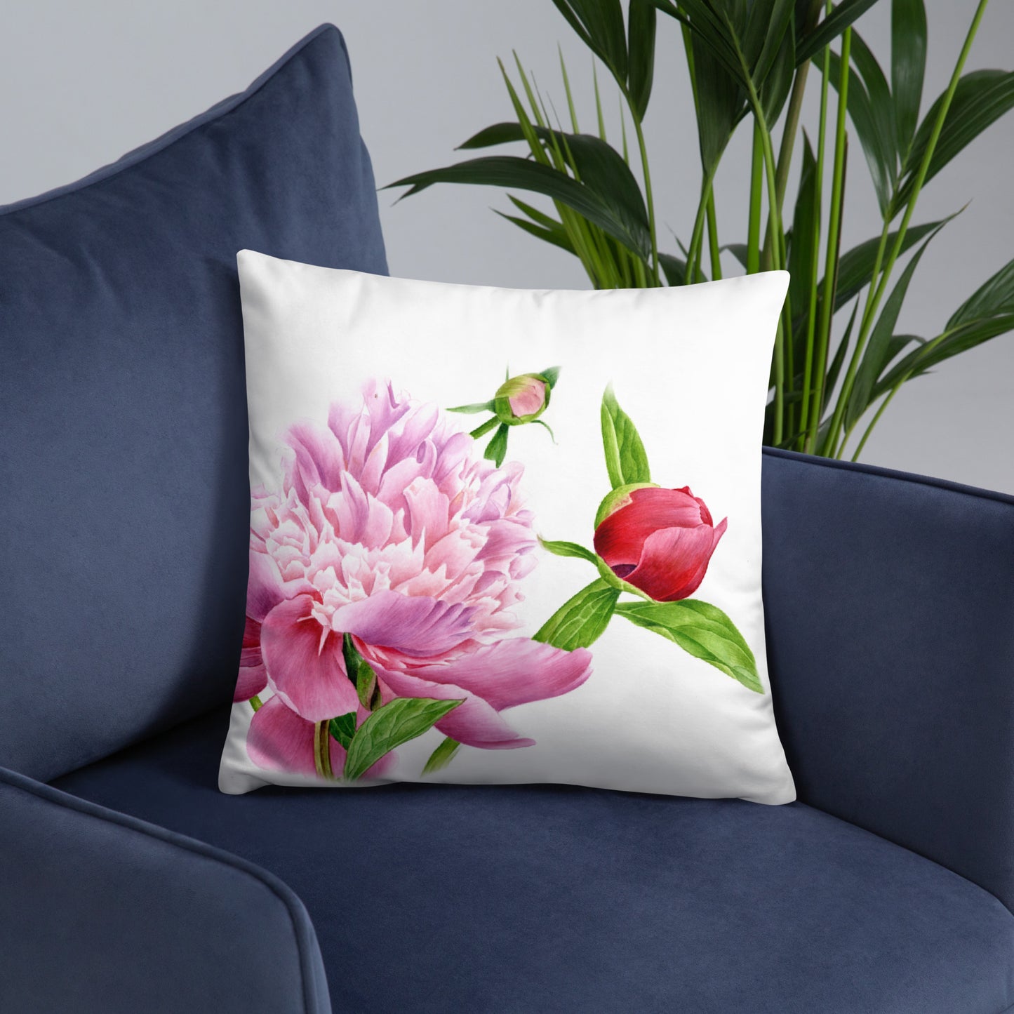 Almohada de Peonía en Acuarela - Cojín Floral Botánico, Decoración con Peonías Rosadas