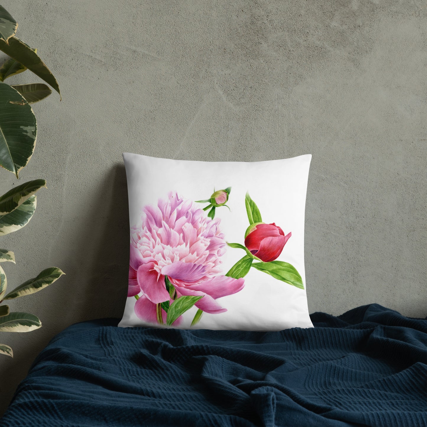 Almohada de Peonía en Acuarela - Cojín Floral Botánico, Decoración con Peonías Rosadas