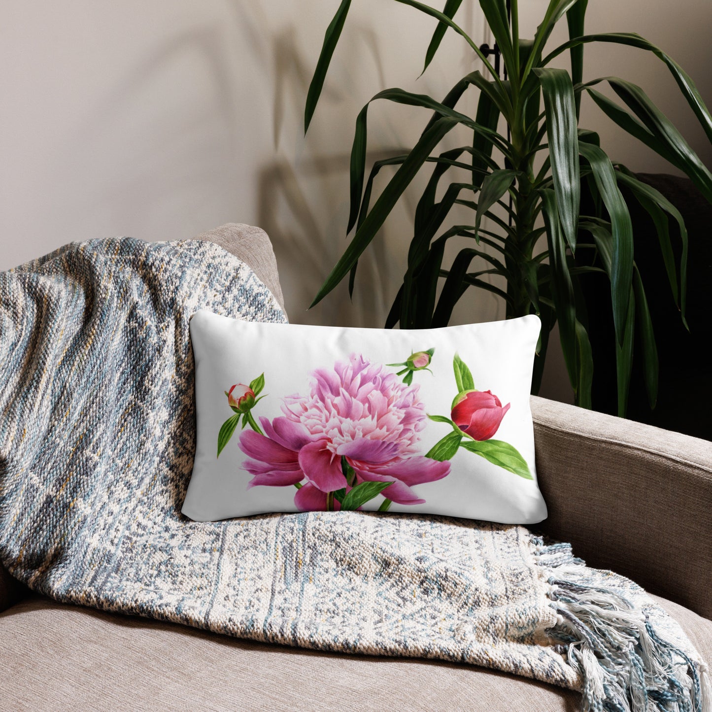 Almohada de Peonía en Acuarela - Cojín Floral Botánico, Decoración con Peonías Rosadas