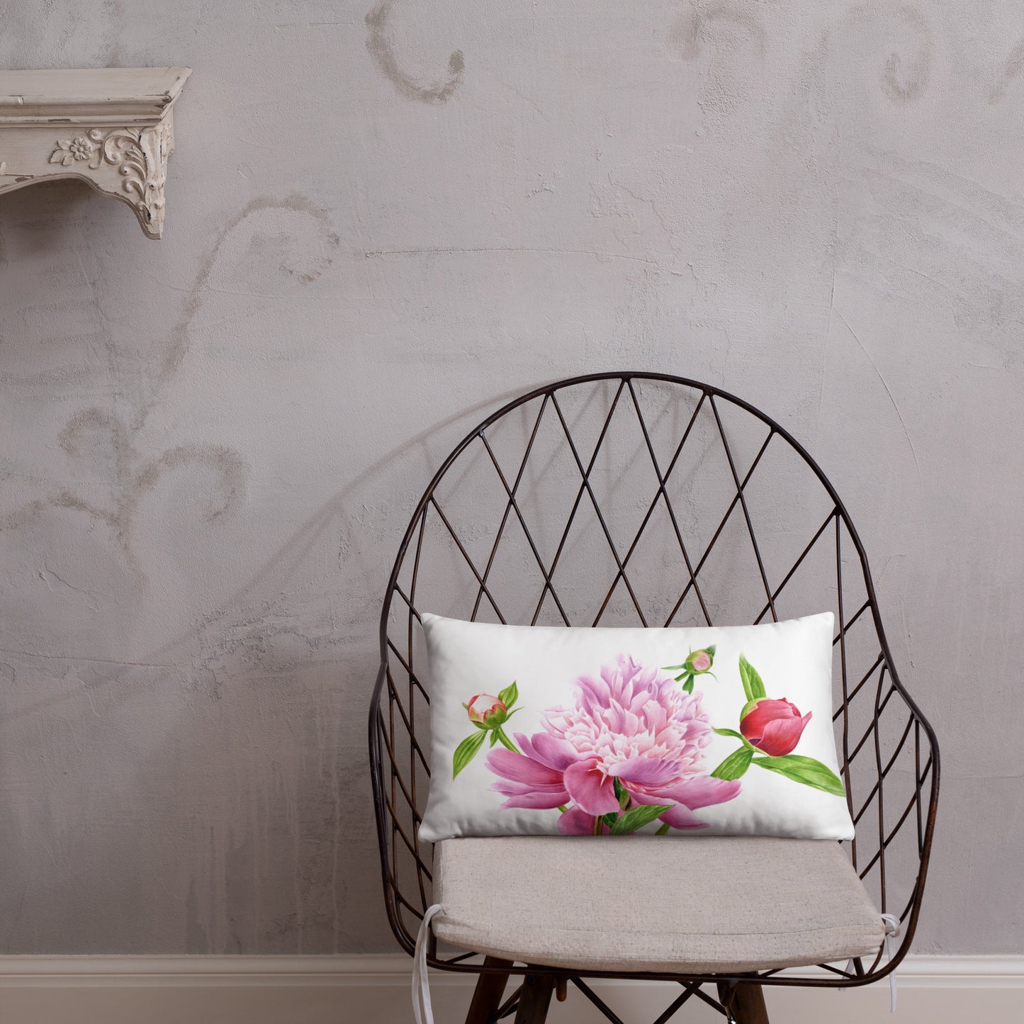 Almohada de Peonía en Acuarela - Cojín Floral Botánico, Decoración con Peonías Rosadas