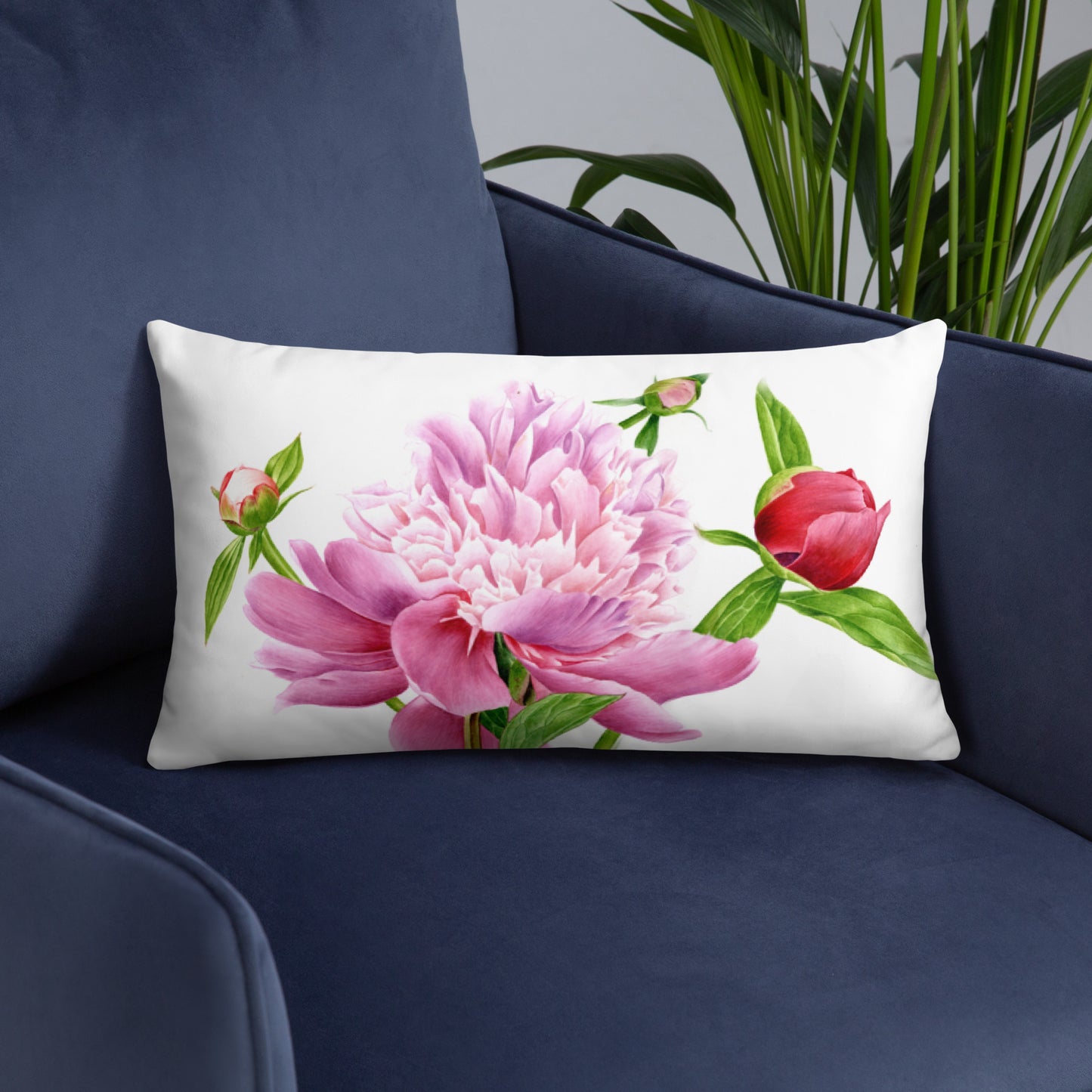 Almohada de Peonía en Acuarela - Cojín Floral Botánico, Decoración con Peonías Rosadas