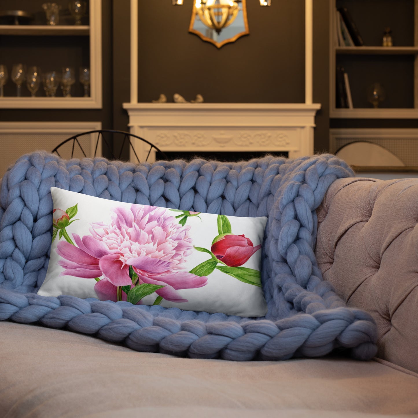 Almohada de Peonía en Acuarela - Cojín Floral Botánico, Decoración con Peonías Rosadas