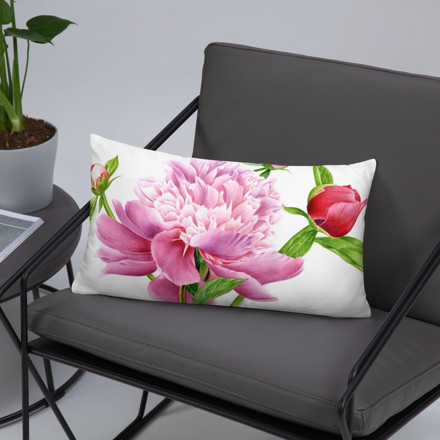 Almohada de Peonía en Acuarela - Cojín Floral Botánico, Decoración con Peonías Rosadas