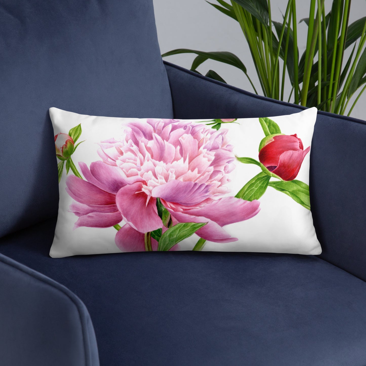 Almohada de Peonía en Acuarela - Cojín Floral Botánico, Decoración con Peonías Rosadas